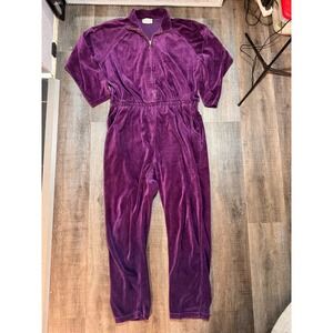 Essential Elements Purple Velour Jumpsuit Mock Neck Zip Front 90s Vintage Large
